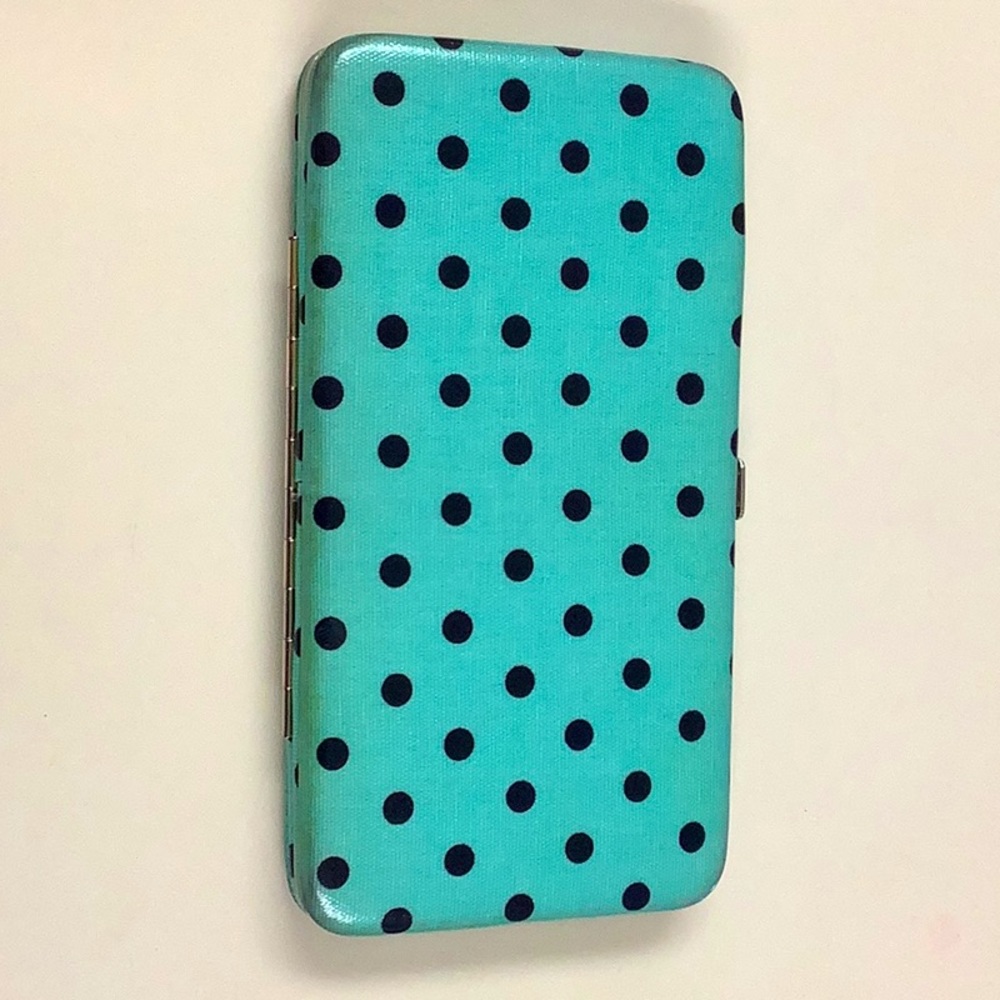 Teal and black poka dot wallet